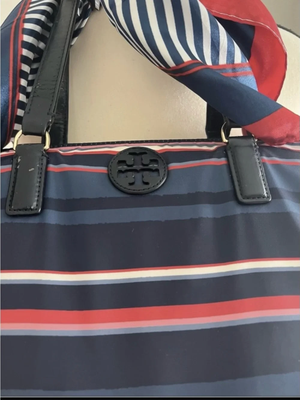 Tory Burch Nylon Stripe Zipper Tote Navy with red & navy comes with a scarf